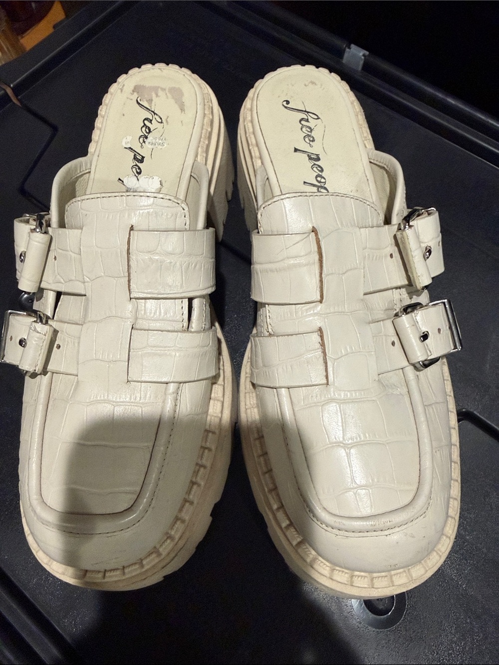 Free People Cream Slip-On Loafers with Buckle Detail
